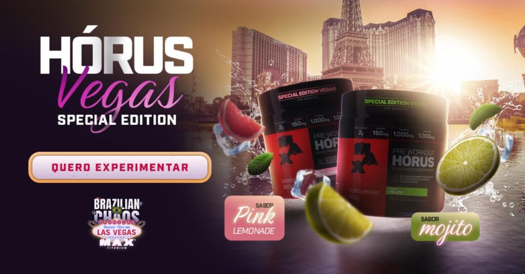 banner promoção Las Vegas com sabores especiais do pré-treino Hórus: pink lemonade e mojito